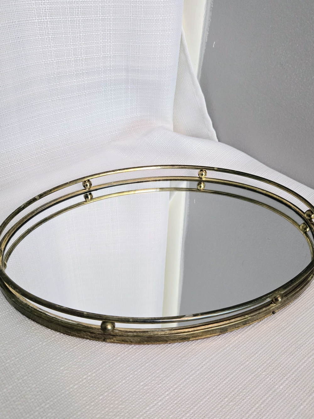 Vtg Oval Mirrored Vanity Perfume Tray MCM Modern Brass Look Rod & Ball 2 Rail